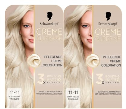 Schwarzkopf Creme Supreme Coloration 11-11 Ultra-Helles Titanblond (2x182 ml), dauerhafte Haarfarbe mit Serum und Haar-Maske schützt vor sichtbaren Haarschäden, für 100% Grauabdeckung