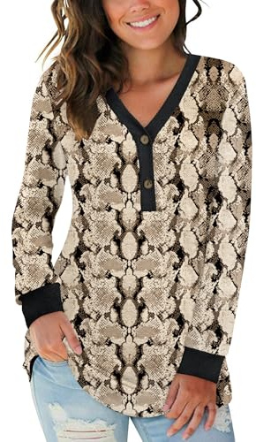 AUSELILY T-Shirt col V à Manches Longues pour Femmes Ample Décontracté Henley Chemisier Tunique Tops Bouton Blouses Gourde Brune XL