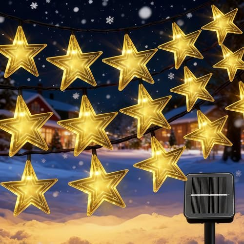 Qoosea Catena Stella Luminosa Solare, 8m 40 LED Stella luci Natale Solari Esterno 8 Modalità Impermeabile, Solari Lucine Decorative Luci Decorazioni per Giardino Festa Natale Matrimoni Bianco Caldo
