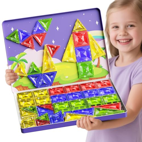 YOGOHEE 60pcs Tuiles Magnétiques à Facettes Diamant pour Enfants 3+ Jeu de Construction Magnétique Éducatif STEM 5cm avec Boîte Métallique Cadeau Créatif et de Voyage