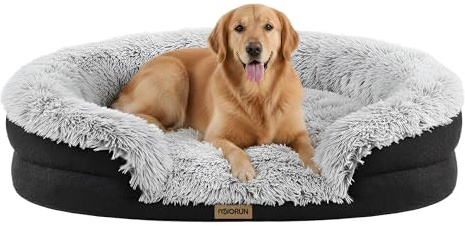 Miorun Fluffy Orthopedic Dog Bed for Large & Extra Large Dogs, Calming Plush Sofa Bed with Curved Bolster Support and Egg-Crate Foam Base, 43 Cozy Oval Pet Donut Bed with Washable Cover, Gray
