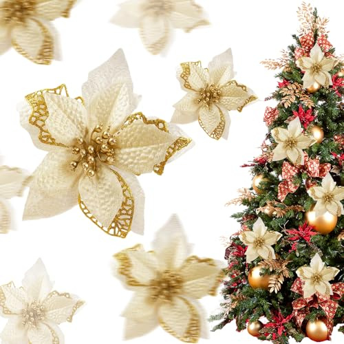 24 stycken julblommor, glitter, julstjärna, blommor, konstgjorda julblommor, 8 stycken i 3 storlekar, julgransdekoration, bröllopsdekorationer, nyårsdekorationer (guld)