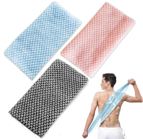 ELNX 3-pack Exfolierande Handdukar, Lång Antibakteriell Duschskrubb för Män och Kvinnor, Kroppsskrubb för Djuprengöring, Svart, Rosa, Blå