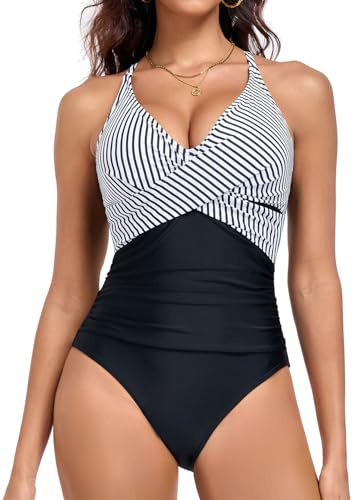 Womens Swimming Costumes Deep V Neck Crossback One Piece Swimsuit StripeXL