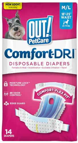 OUT! Pack de 14 Couches Jetables/Absorbantes avec Ajustement de Preuve de Fuite pour Chien Féminin Moyenne/Grande14 Unités