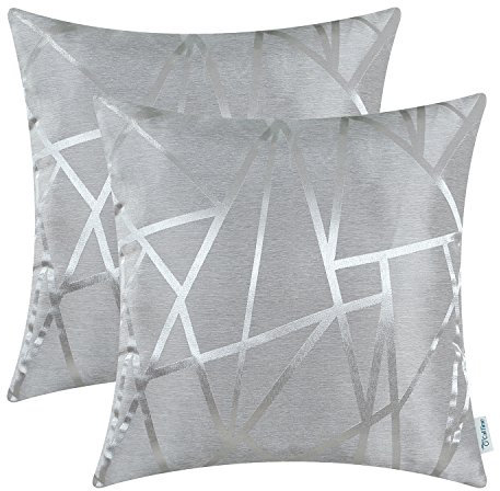 CaliTime Kissenhüllen, 2 Stück, Dekoration, für zu Hause, modern, glänzend und kontrastierend, Dreiecke, abstrakte Linien, geometrisch, 50 cm x 50 cm, Silbergrau