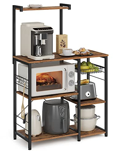 VASAGLE Baker's Rack, Microwave Stand, Kitchen Storage Rack with Wire Basket, 6 Hooks, and Shelves, for Spices, Pots, and Pans, Rustic Brown and Ink Black UKKS35X