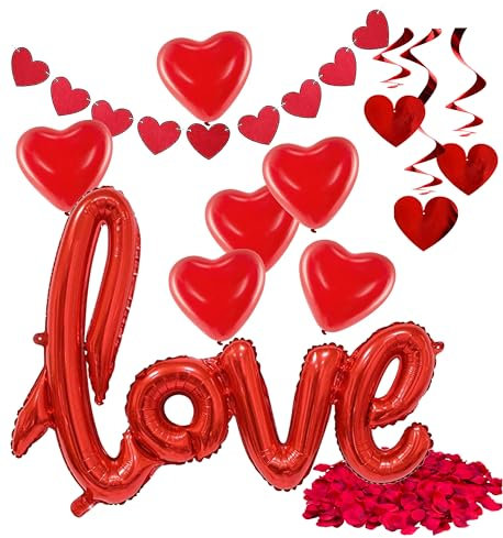 XXL Valentinstag Dekoration Deko Set - Heiratsantrag Hochzeit mit Herzluftballons, Girlande, LOVE Folienballon, Rosenblätter rot - Für Sie & Ihn - Freundin & Freund
