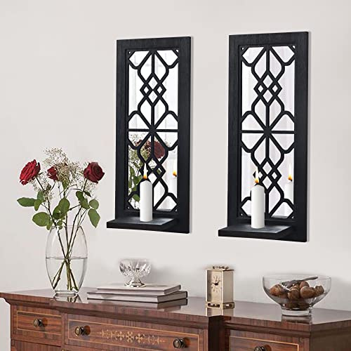 Wood Wall Sconce Candle Holder Set 2, Rustic, Wall-Mount, Farmhouse Hanging Wall Décor, Carved Wood Frame, Mirrored Candle Holder (Black)