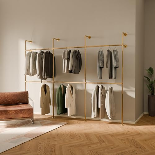 pamo Gold Double Clothes Rail 296 cm - Wall Mounted Clothing Rack for Walk-in Wardrobe & Bedroom I 460 kg Load Capacity