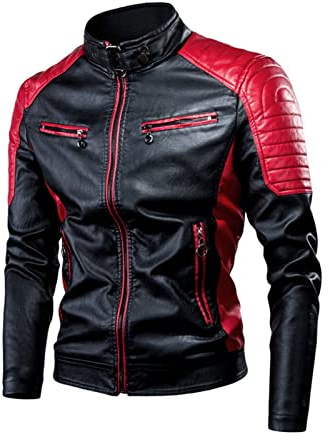 Hebezn Motorcycle Protective Jacket Motocross For Women And Men, Leather Jacket Men Vintage Thermal Leather Jacket With Stand-up Collar Many Pockets Motorcycle Jacket (Color : Red, Size : XXL)