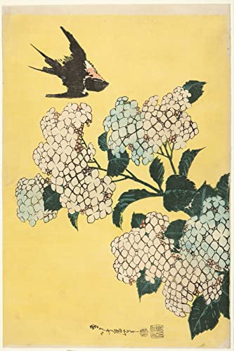 100% Smooth Cotton Paper - Katsushika Hokusai - Hydrangea and Swallow from a Series of Large Flowers (1834) Photo Poster Painting Art Print - Size: 24 x 16 Inches
