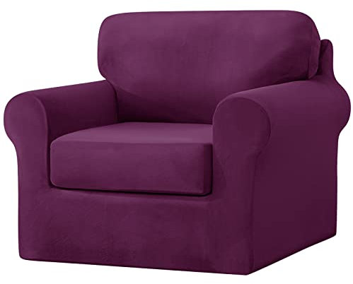 UNBBRRL 3-Piece Stretch Velvet Velvet Armchair Cover, Sofa Slipcovers, 1 Seater Couch Slipcover With Separate Backrests And Cushions Covers With Elastic Band Anti-Slip Furniture Protector (Purple)