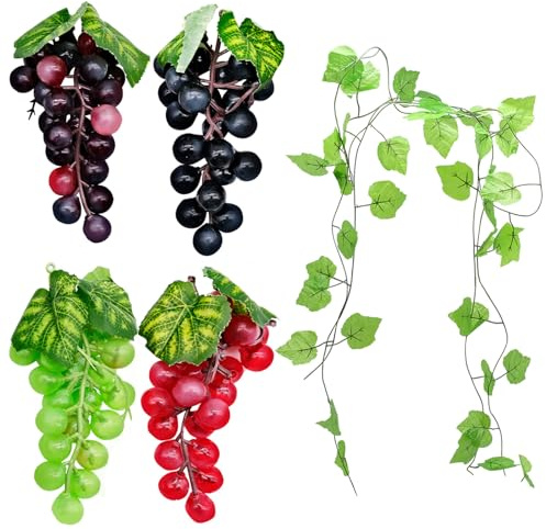 Fahibin 4 pcs Uvas Falsas Decorativas +2 Enredaderas Artificiales, Decoración de plástico Uvas,Uvas Artificiales de plástico para Fruta, decoración de Vino, Manualidades