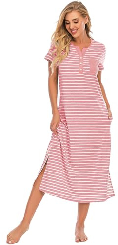 Jlowesun Long Nighties for Women Hospital Labor and Delivery Gown Stripes Nightdress Nightshirts for Ladies Short Sleeve Soft Button Up Sleep Night Dress Shirt with Pockets