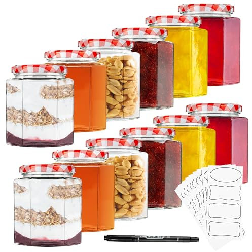 DECO EXPRESS Einmachgläser 500 oder 250 ml Set - Luftdichtes Aufbewahrungsglas mit Deckel, Sechseckige Marmeladengläser inkl. Marker & Etiketten (Rot 500ml - 12er Pack)