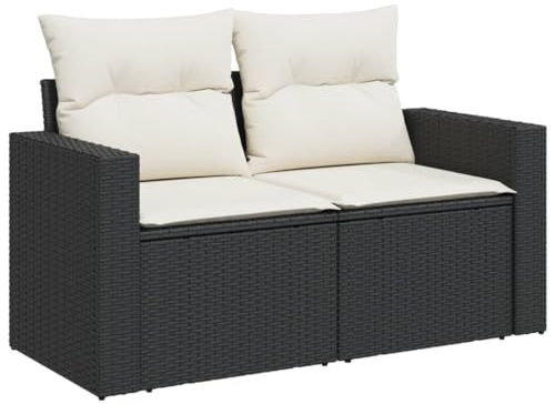 vidaXL Sofá de Jardín de 2 Plazas con Cojines, Sillón de Exterior, Sofá Modular, Asiento para Patio Terraza Balcón, Ratán Sintético Negro