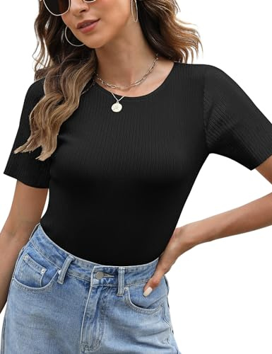 Lonya Magliette Donna Manica Corta Estive Elegante a Coste Tops Casual Girocollo Slim Maglia Tee Shirts di Base Nero,M