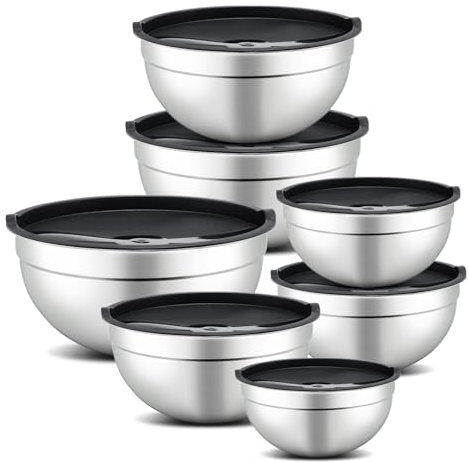 hunnycook 7 Piece Mixing Bowls with Lids Set - Stainless Steel Mixing Bowls for Baking, Mixing & Storage Food, Large Kitchen Mixing Bowl for Prepping, Size 0.7, 1.1, 1.5, 2.1, 3.5, 4, 4.5QT