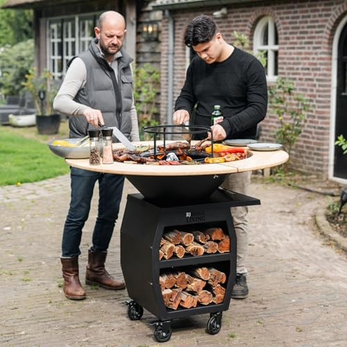 Parrilla Plancha BBQ Companero 2.0 XXL Blackline Negro con Borde de Madera 80x80x112,5 cm Anillo de Parrilla Anillo de Fuego Recipiente con Placa de Fuego Barbacoa Completa Recipiente de Fuego Placa