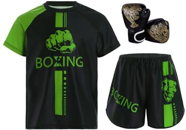 Miutii 3tlg.Kinder Jungen Trainingsanzug Boxing Kleidung Muay Thai Short Kickboxen Kurze Hose + T-Shirt + Boxhandschuhe Thai MMA Kampfsport Training Sport Set Grün&Schwarz 170-176