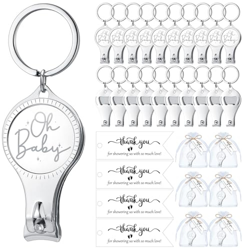Vesici 50 Sets Baby Shower Party Favors for Guests Multi Function Bottle Opener Nail Clipper Keychain with Thank You Card Organza Bag for Baby Shower Gender Revel Party Souvenirs(Oh Baby)