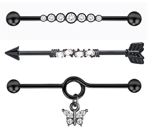 Besyvvin 3er Industrial Piercing Bars 38mm Chirurgenstahl Schwarz Ohr Scaffold Piercing Barbell Schmetterling 14G
