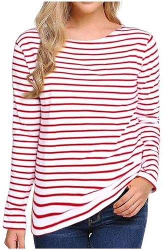 Chanpning T-Shirt Rayé à Manches Longues pour Femme T-Shirt Classique Ample et Extensible Col Rond Tunique Tops T-Shirt Basique en Coton Décontracté Grande Taille Hauts