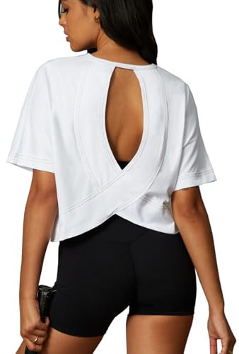 Navneet Women Backless Top Workout Oversized T Shirts Cute Gym Top Short Sleeve Sports Tops Yoga Running Going Out White S