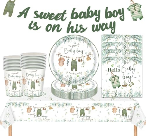 MORAINJAY 63Pcs Baby Shower Party Tableware Set for Boy,Sage Green Table Decorations with Paper Plates Napkins Cups Tablecloth Banners,Baby Shower Party Supplies - 16 Guests