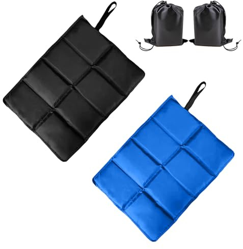 Noaxylic 2 Pezzi Cuscino Pieghevole per Esterni, 40 x 30 cm Cuscino Campeggio Impermeabili, Cuscini Stadio, Impermeabile e Termico, con 2 Borse Portaoggetti, per Escursioni, Picnic, Pesca (Nero+Blu)