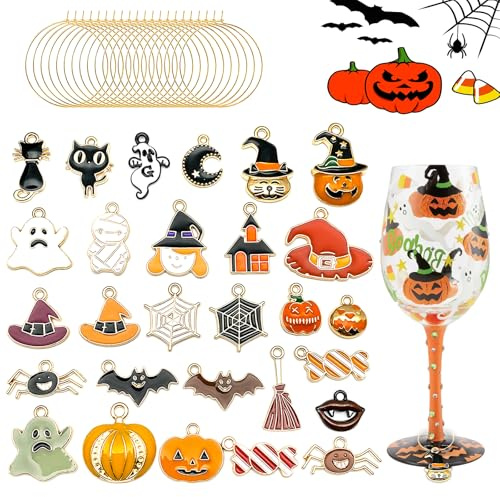 28PCS Halloween Wine Glass Charms - Spooky Ghost, Spiderweb, Bat & Pumpkin Drink Markers for Parties - Drink Identifiers for Halloween Celebrations, Trick or Treat & Haunted House Gatherings