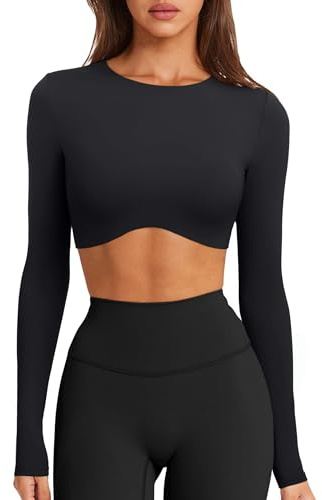 LASLULU Black Double Lined Long Sleeve Crop Tops for Women Crew Neck Workout Gym Shirts Slim Fit Pilates Athletic Casual Sexy Tops(Black Medium)
