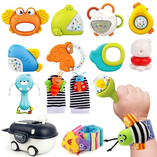Juego de sonajero para bebé, juguetes para recién nacidos, calcetines para bebé con caja de almacenamiento, juguetes para bebés de 0 a 12 meses, regalo sensorial Montessori para niños pequeños (14