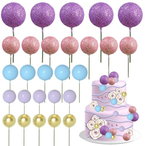 HTTDSLF 50 Pezzi di Decorazioni per Torte a Palline, Topper Foam Ball Torta, Mini Palloncini Cake Topper Palline, Farfalla e Inserto Torta di Buon Compleanno, per Anniversario Matrimonio Baby Shower
