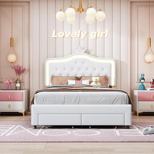 Letto imbottito 90x200 cm, letto per bambine 140x200 cm, letto per bambini, letto principessa con cassetto e rete a doghe, letto per ragazzi con contenitore, in PU, senza materasso (CoronaBianco140)
