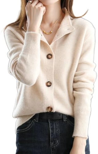 Generisch Cardigan da donna in cashmere con colletto alto, ampio e versatile, elegante giacca per la transizione per l'autunno, beige., XL