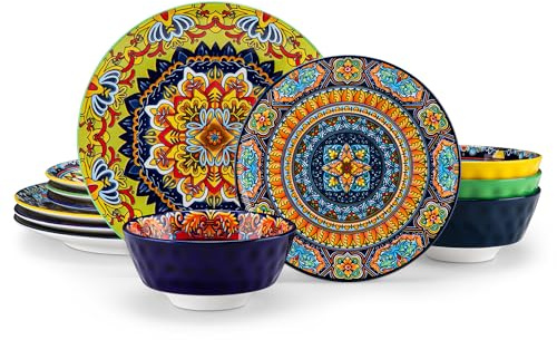 vancasso KRVI 12 Pieces Dinner Set, Porcelain Dinnerware Sets for 4, Scratch Resistant Plates and Bowls Set, Bohemian Style Dining Ware Service, Microwave and Dishwasher Safe