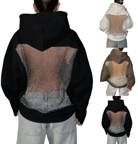 Med nätinlägg dam sweatshirt med huva stora storlekar huvtröja dam oversize bomull nättröja med hålmönster huvtröja tjock långärmad tröja fluffig tröja termo tröjor, Vit, XL