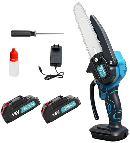 Motosega a batteria da 6 pollici, sega a catena portatile 18V con 2 batterie da 3000mAh e caricabatterie, sega a catena senza fili per potatura alberi, taglio rami, cura del giardino, lavori del legno