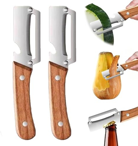 2 Piezas Pelador De Verduras Multifuncional 3 En 1, Cuchillas Afiladas De Acero Inoxidable, Con Mango De Madera Y Abridor De Botellas, Para Cocinar Verduras, Frutas, Tomate, Calabaza, Pepino