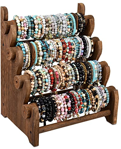 Ikee Design Antique Wooden 4 Tier Jewelry Bracelet Display Stand Bangle Scrunchie Organizer Holder for Store, Showcase and Home Storage, 12 W x 9 D x 14 H in, Brown Color