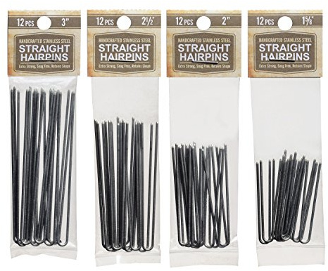 Straight Hairpin Variety Stainless Steel SILVER Heavy Duty Snagless Hairpins 4 Packs of 12 Handmade Hair Pin