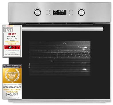 Exquisit® Horno Pirolítico, 70L, Clase A, Acabado Inoxidable Antihuellas, Mandos Escamotables, Termostato Electrónico, 9 Funciones de Cocinado, Función Descongelación, Medidas 59,5x59,5x57,5 Cm.