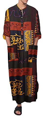 RTHLEQIEE Nachthemd Herren Mit Rundhals Und Knopfleiste Taschen Einteiliger Schlafanzug Langarm Loser Passform Robes Modisches T-Shirt Tee (Color : Yellow, Size : XXL)