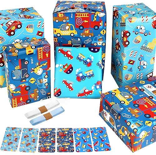 Papel de regalo para niños y niños, cumpleaños, coche de policía, camión de bomberos, ambulancias, tractor, animales, coche de dibujos animados, coche, excavadora, elefante, juego de papel de