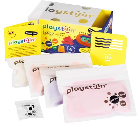 Playstilin® SANDY – extra formbar leksand | kinetisk sand | vegansk knådsande sand | kreativ magisk sand lerset med tillbehör och verktyg i lådan | modellera inte torr