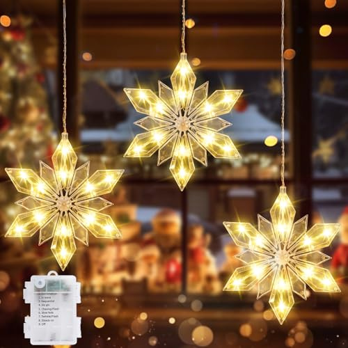 Quntis snöflinga Julfönsterljus Batteridriven, 0.6m 3in1 Led Snowflake Gardin Lights Varmvit med 8 lampor och Timer, Vattentät Diamond Snöflinga Fairy Ljus Utomhus Inomhus Dekoration | Batteridriven juldekoration med praktisk timer och hakar, perfekt för glasfönster, väggar, dörrar, rum och balkonger i hemmet