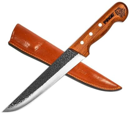 Pirge Elite Coltello da Macellaio Forgiato a Mano 21 cm con Fodero in Pelle - Coltello da Carne - Acciaio Inossidabile Affilato - Design con Manico in Legno Naturale