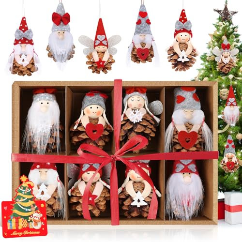 Gaeymy Decorazioni Albero di Natale Gnomi, 8 Pezzi Ciondoli Natalizi Gnomo, Pigne Naturali Addobbi Albero di Natale, Set Addobbi Natalizi per Albero Gnomo Angioletti